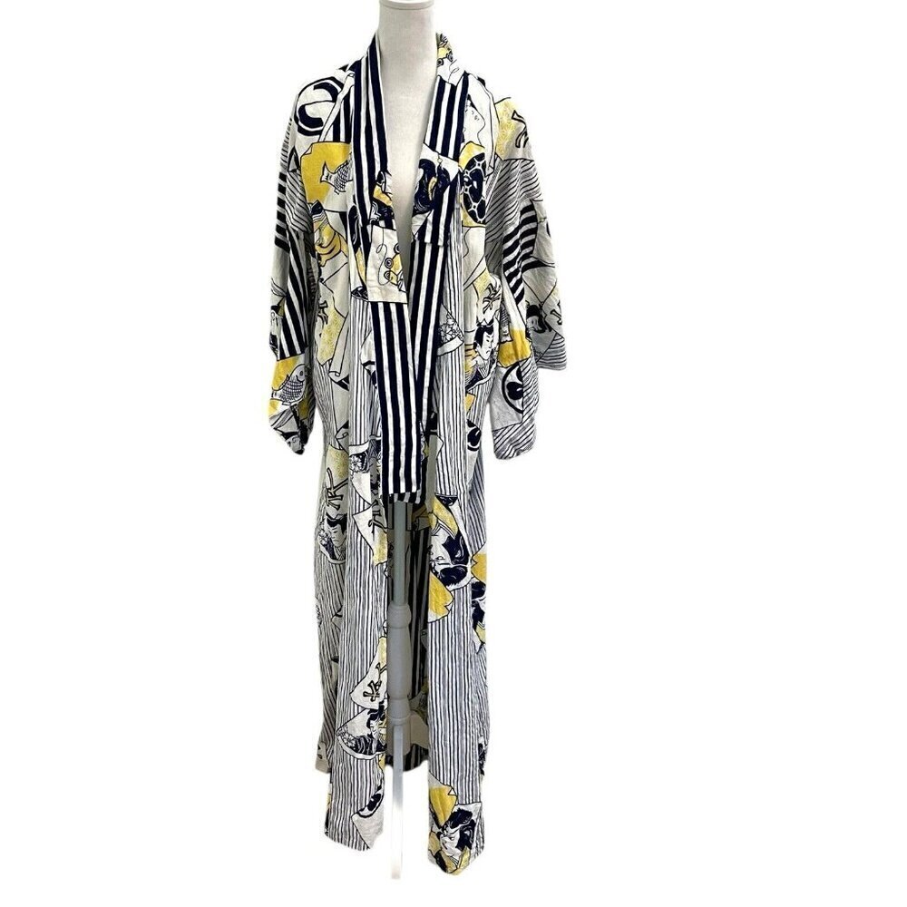 100% Linen Japanese Kimono Traditional Folk Unique Blue Yellow One Size